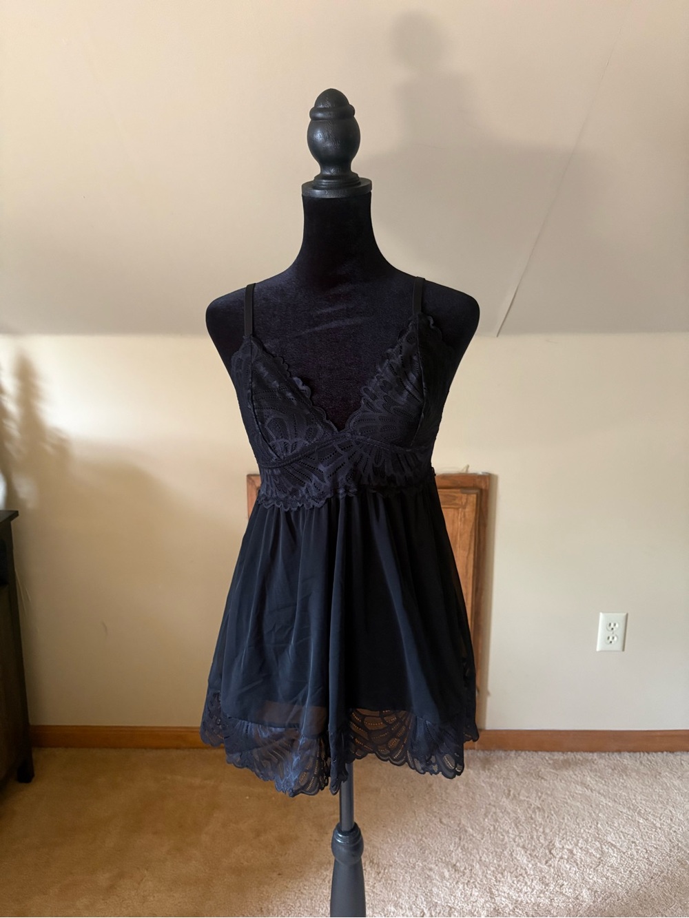 Jezebel Black Lace Babydoll Chemise with Sheer Skirt